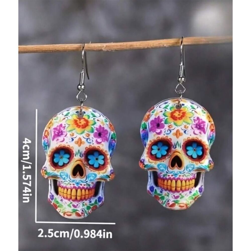 Colorful Sugar Skull Dangle Earrings Multicolor - Picture 2 of 2